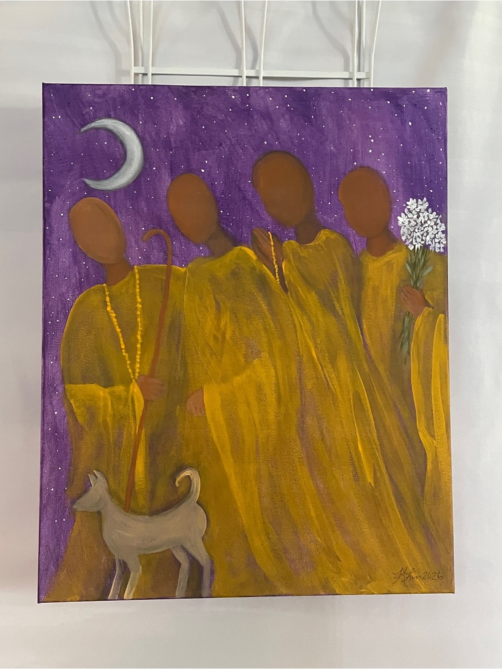 Buddhist Monks Walk for Peace Dog Aloka Painted Spiritual Art Canvas Painting
